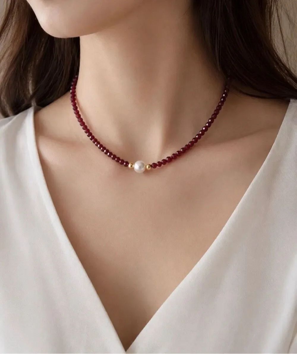 Anthropologie Garnet Pearl Beaded Necklace Gold Accent NWOT